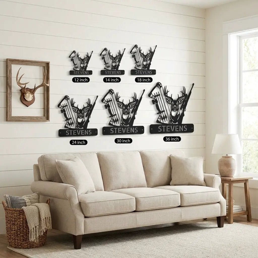 Personalized Deer Hunting Metal Wall Art Custom Hunter Name Sign Buck Head Bow Rifle Decor Rustic Cabin Hunting Gift Outdoor Wall Decor