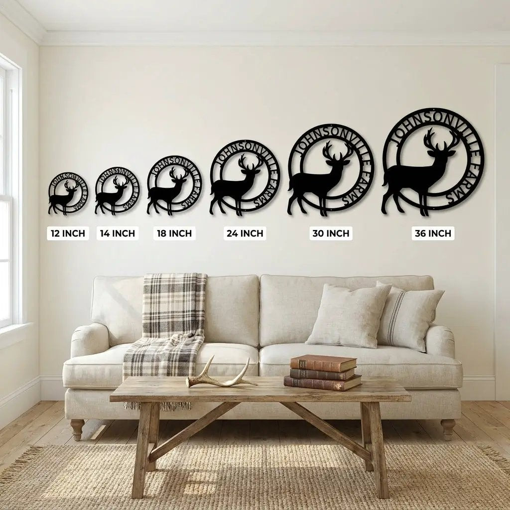 Personalized Deer Family Name Metal Sign – Custom Last Name Circle Wall Art – Rustic Farmhouse Home Decor Gift