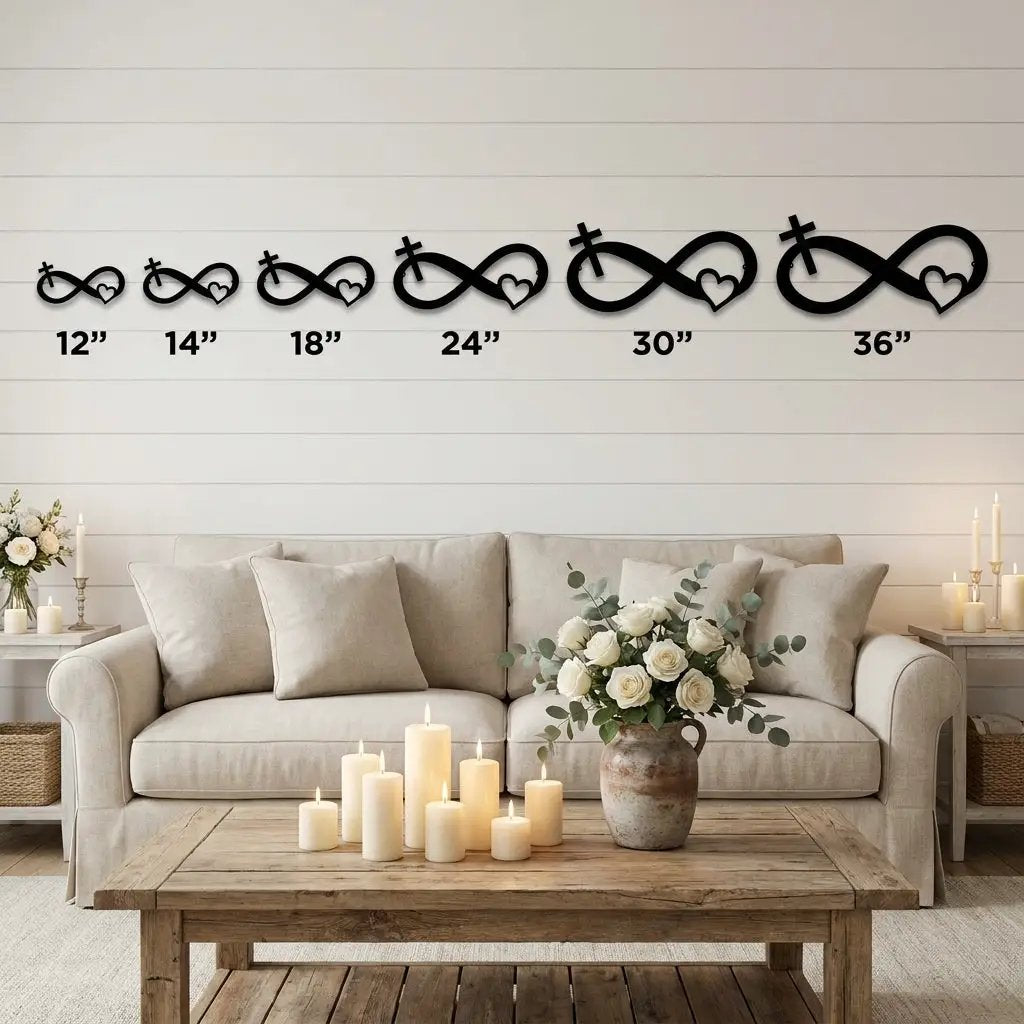 Infinity Cross and Heart Metal Wall Art – Christian Faith Inspired Indoor/Outdoor Sign – Laser Cut Powder-Coated Steel, Elegant Religious Home Décor (Multiple Sizes & Colors)