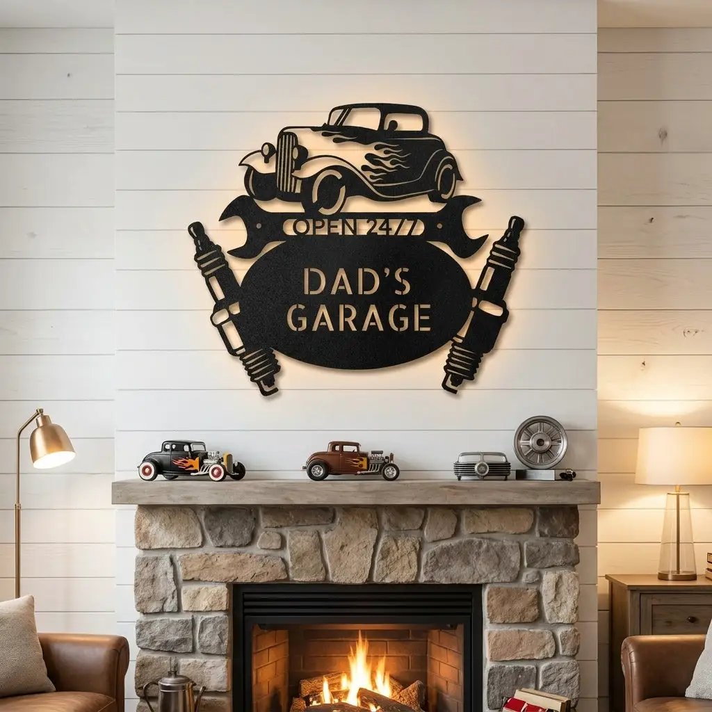 Personalized Hot Rod Metal Sign – Custom Car Garage Sign – Classic Car Wall Art – Mechanic Decor – Custom Name Garage Sign