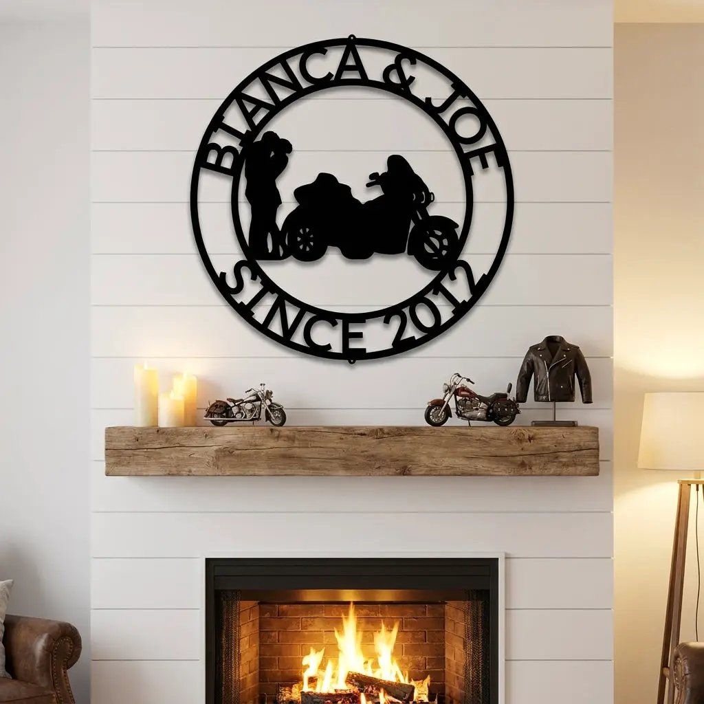 Personalized Couples Motorcycle Trike Metal Wall Art – Custom Names & Date Biker Sign – Anniversary Gift for Couples, Man Cave Garage Decor