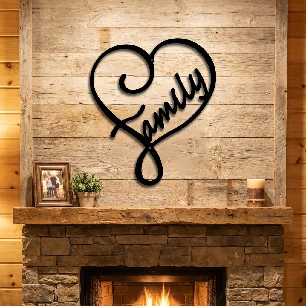Family Name Heart Metal Wall Art Sign – Custom Steel Family Love Monogram – Laser Cut Amish Crafted Metal Home Decor