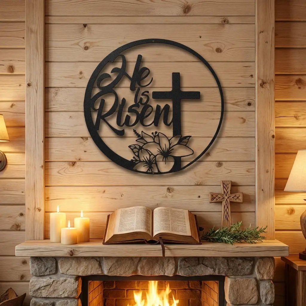 Easter Cross Metal Wall Sign – Christian Home Decor – He Is Risen