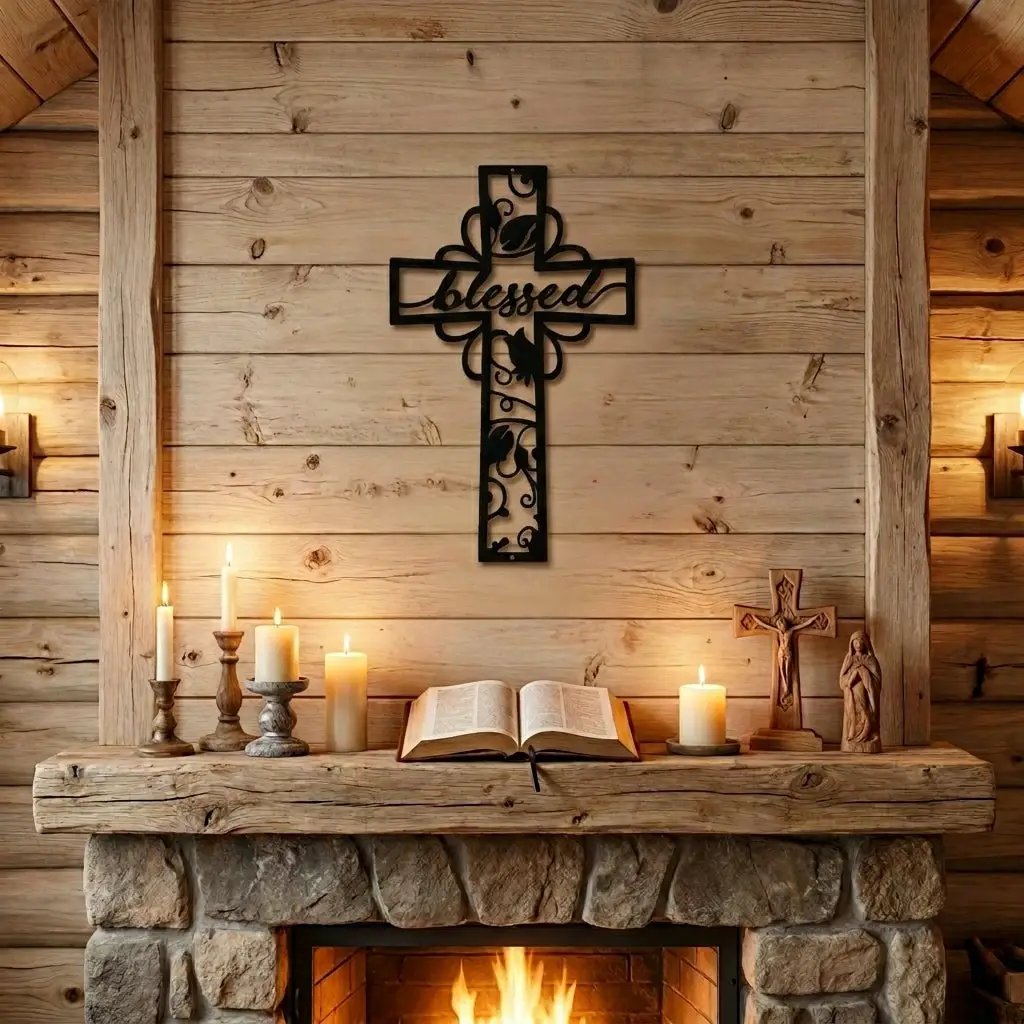 Blessed Cross Metal Wall Art | Christian Floral Cross Decor | Inspirational Faith Wall Hanging