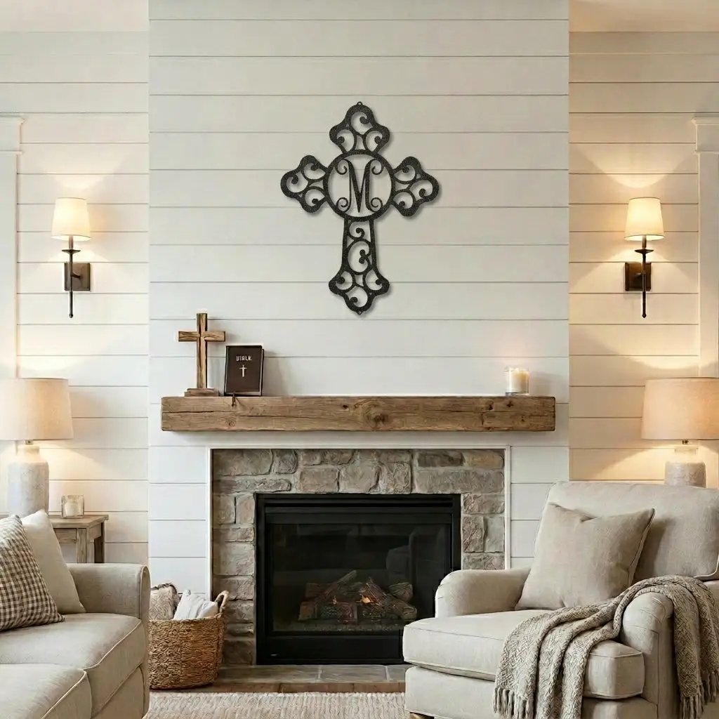 Personalized Initial Cross Metal Wall Art | Custom Monogram Christian Cross Decor | Ornate Faith Wall Hanging