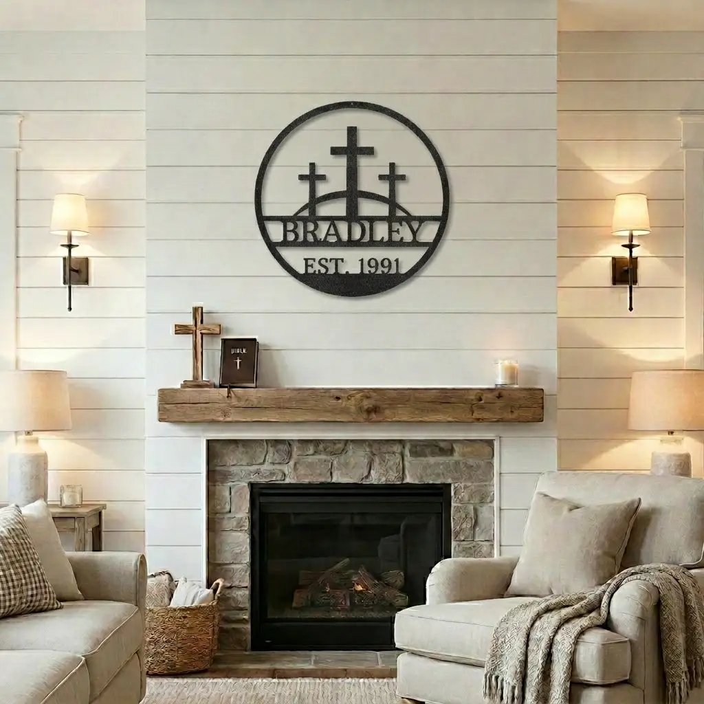 Personalized Three Crosses Metal Wall Art | Christian Family Name Sign | Faith Based Farmhouse Decor