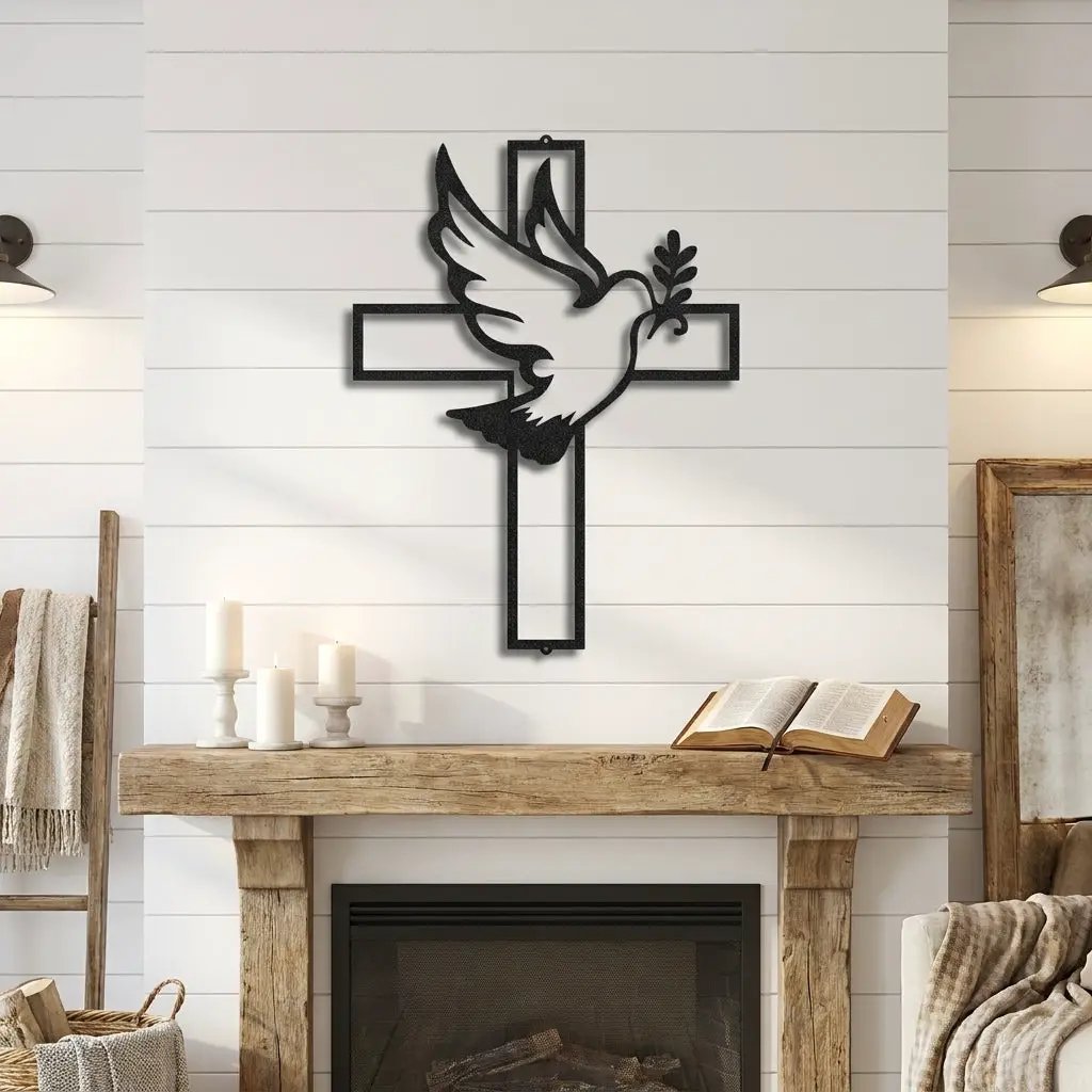 Dove Cross Metal Wall Art | Christian Holy Spirit Decor | Inspirational Religious Wall Hanging