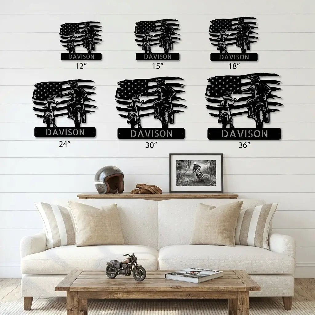Personalized American Father & Son Motorcycle Metal Wall Art | Patriotic Biker Family Sign | Custom USA Motorcycle Decor