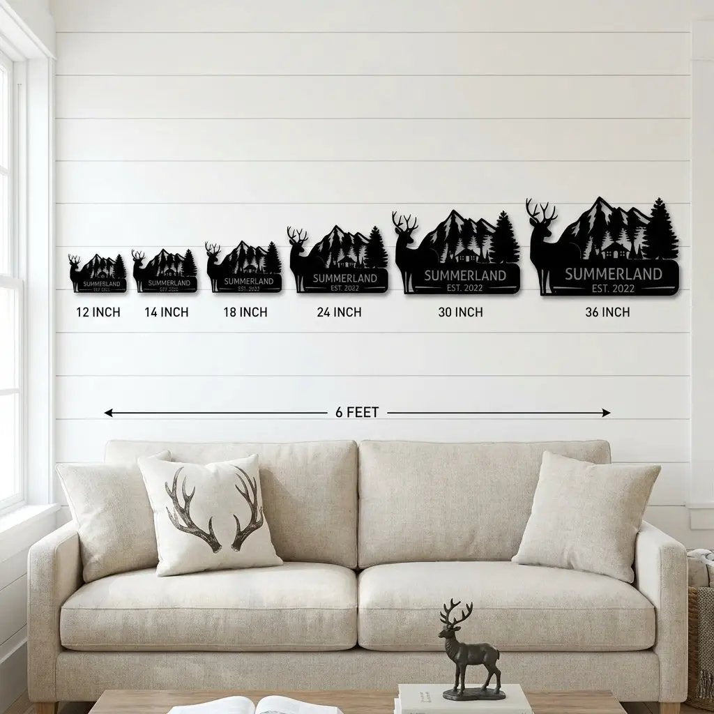 Personalized Deer Mountain Cabin Metal Sign – Custom Family Name Wilderness Wall Art – Rustic Lodge Decor with Trees & Mountains