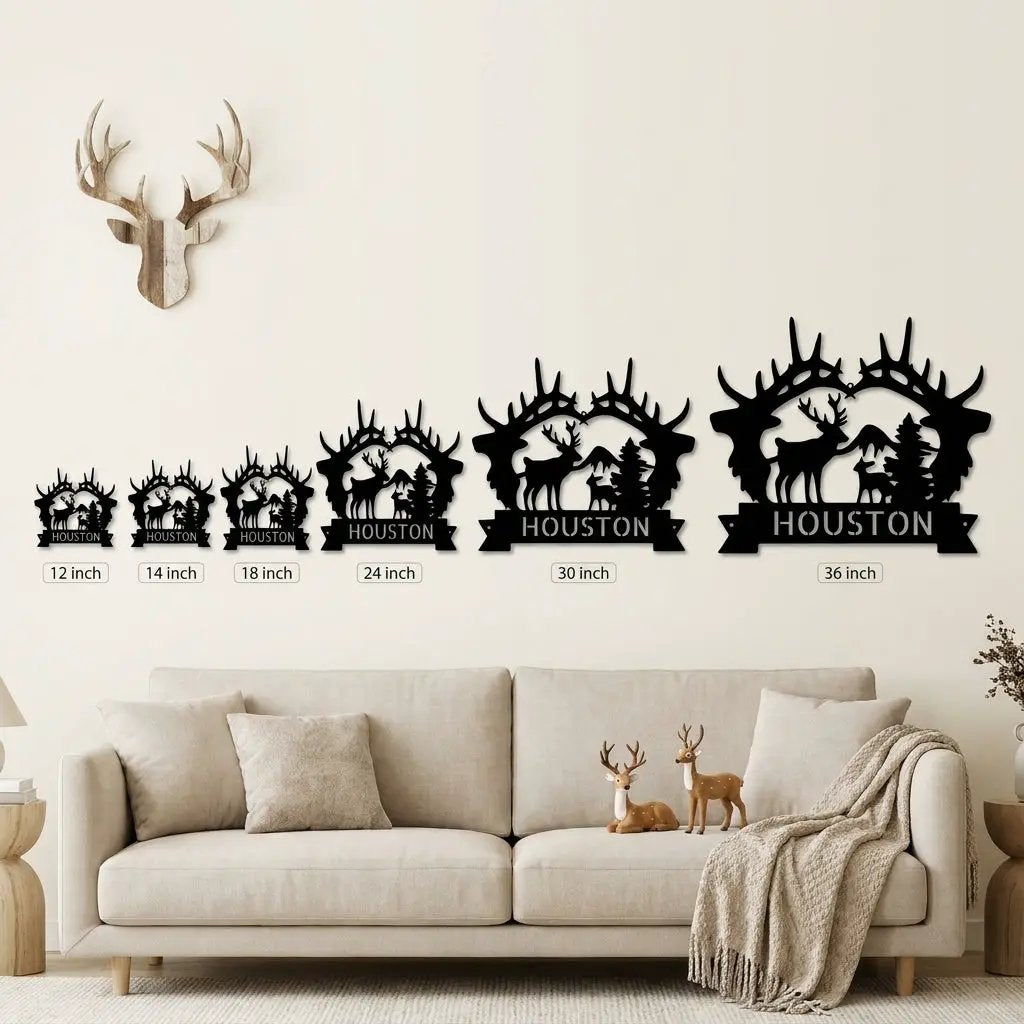 Personalized Elk Metal Wall Art – Custom Family Name Wildlife Crest Sign – Rustic Lodge Antler Wall Decor