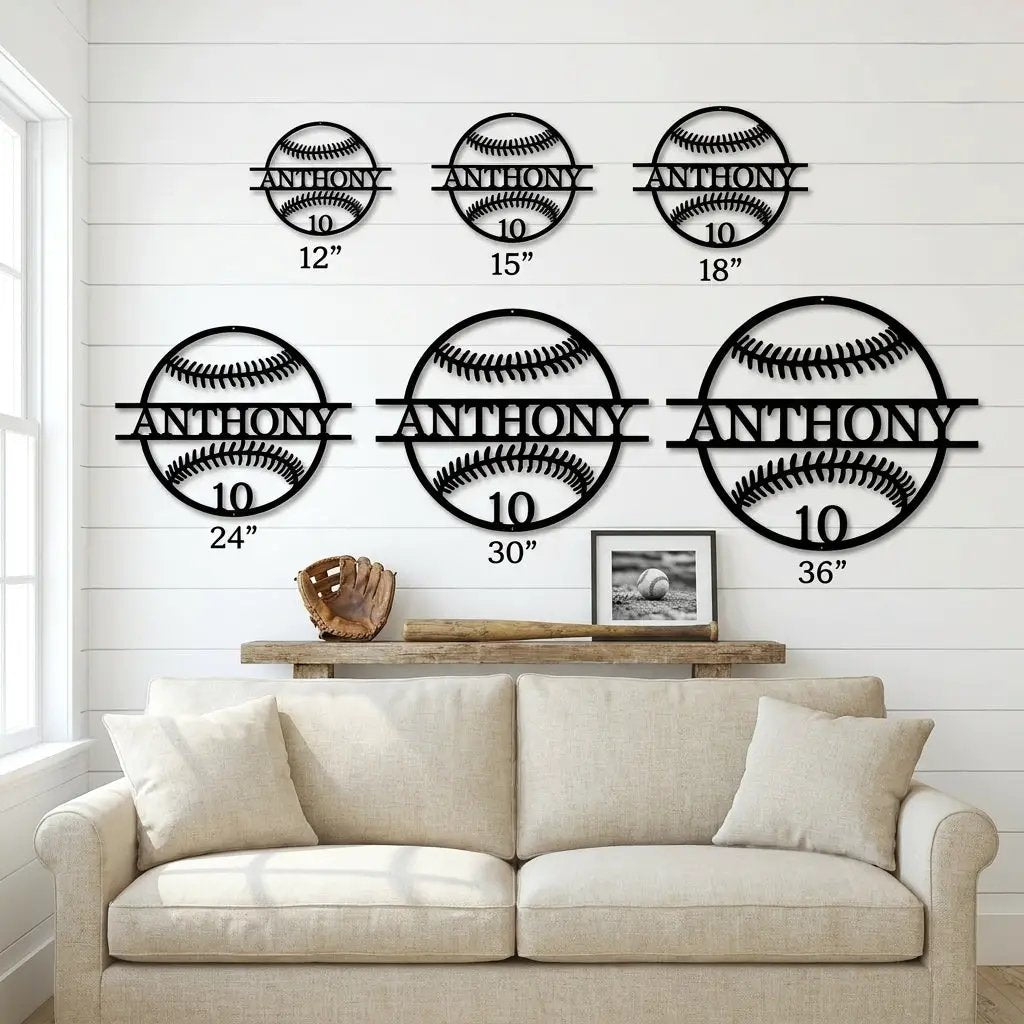 Personalized Baseball Metal Wall Art | Custom Name and Number Baseball Sign | Player Room Decor