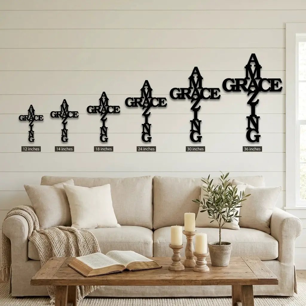 Amazing Grace Cross Steel Wall Art – Christian Metal Cross Sign – Inspirational Faith Decor – Laser Cut Religious Wall Art