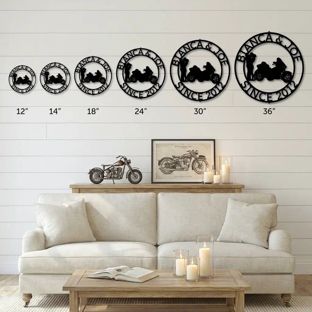 Personalized Couples Motorcycle Trike Metal Wall Art – Custom Names & Date Biker Sign – Anniversary Gift for Couples, Man Cave Garage Decor