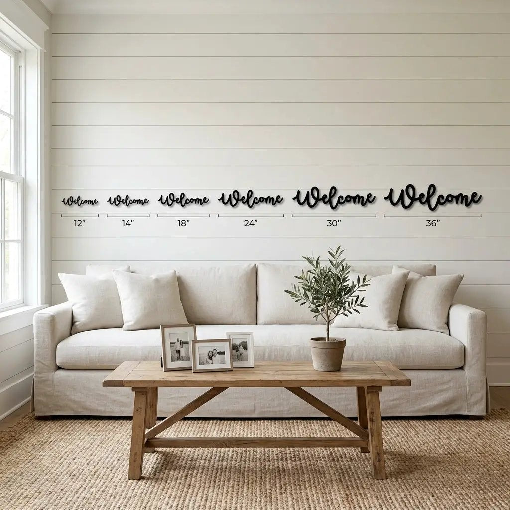 Welcome Script Metal Wall Art – Modern Farmhouse Welcome Sign – Minimalist Entryway Steel Decor for Porch, Foyer & Living Room