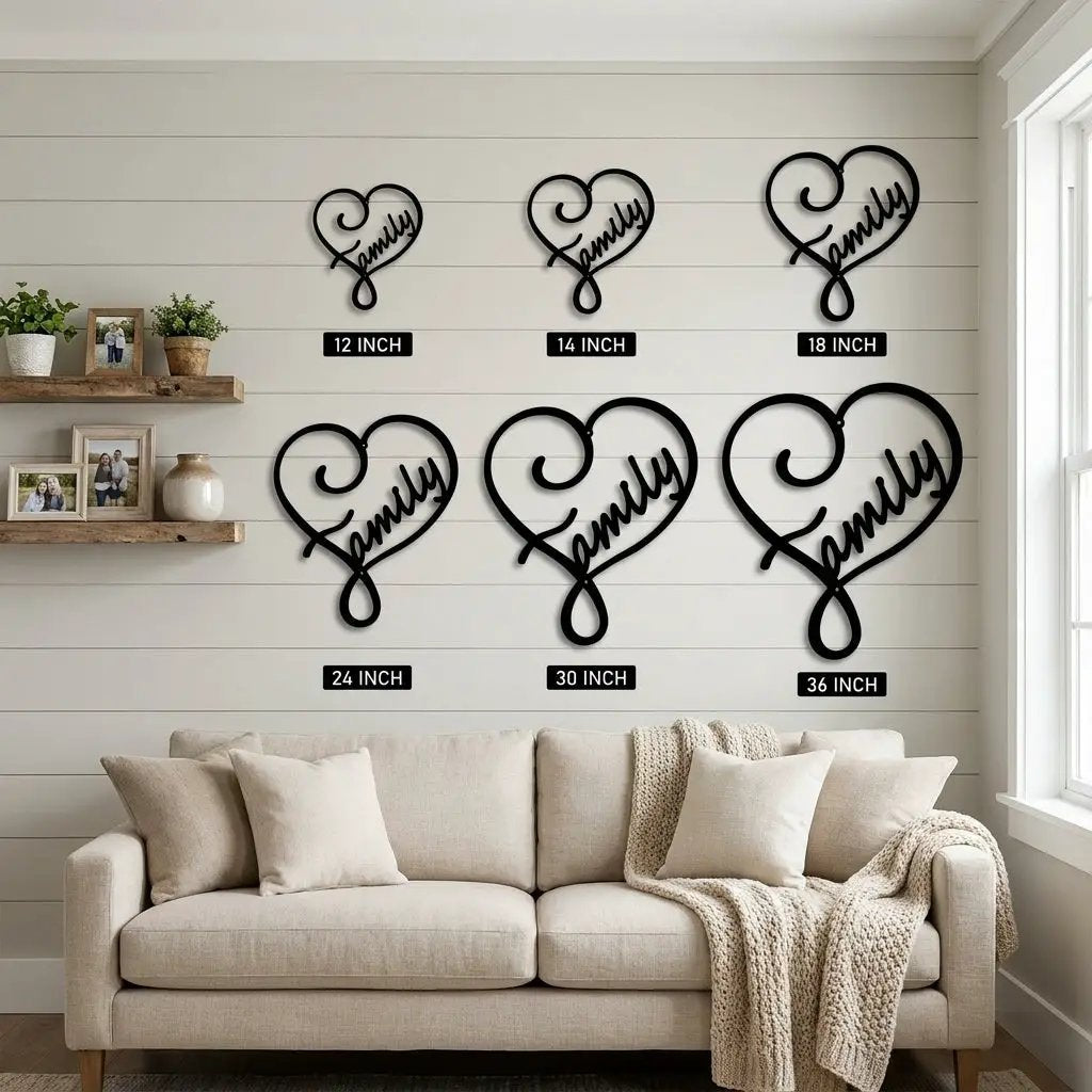 Family Name Heart Metal Wall Art Sign – Custom Steel Family Love Monogram – Laser Cut Amish Crafted Metal Home Decor