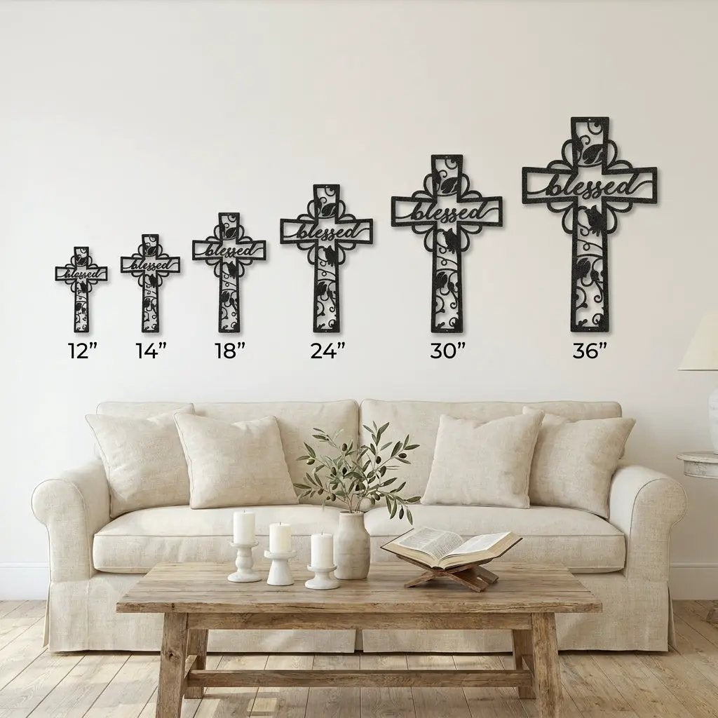 Blessed Cross Metal Wall Art | Christian Floral Cross Decor | Inspirational Faith Wall Hanging