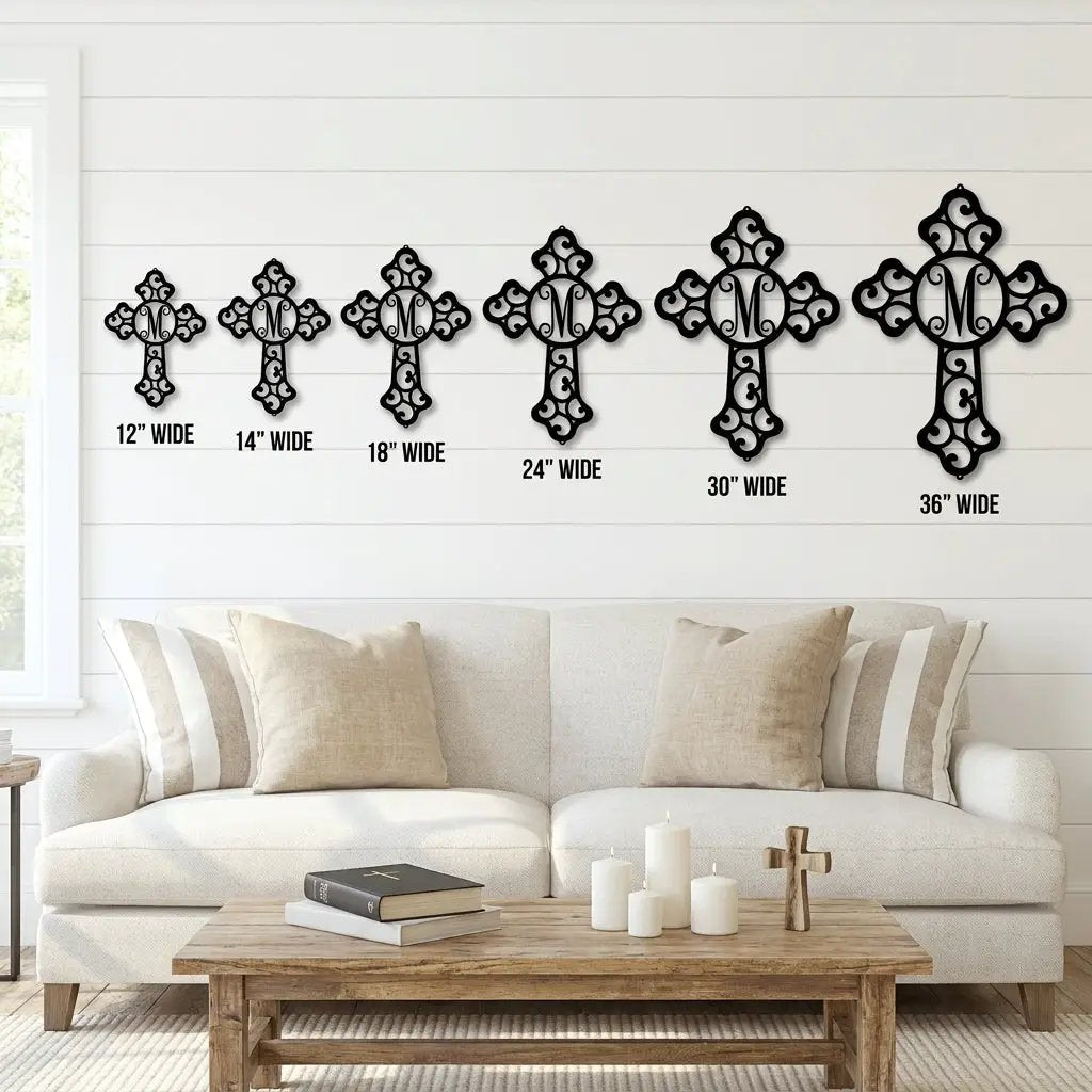 Personalized Initial Cross Metal Wall Art | Custom Monogram Christian Cross Decor | Ornate Faith Wall Hanging