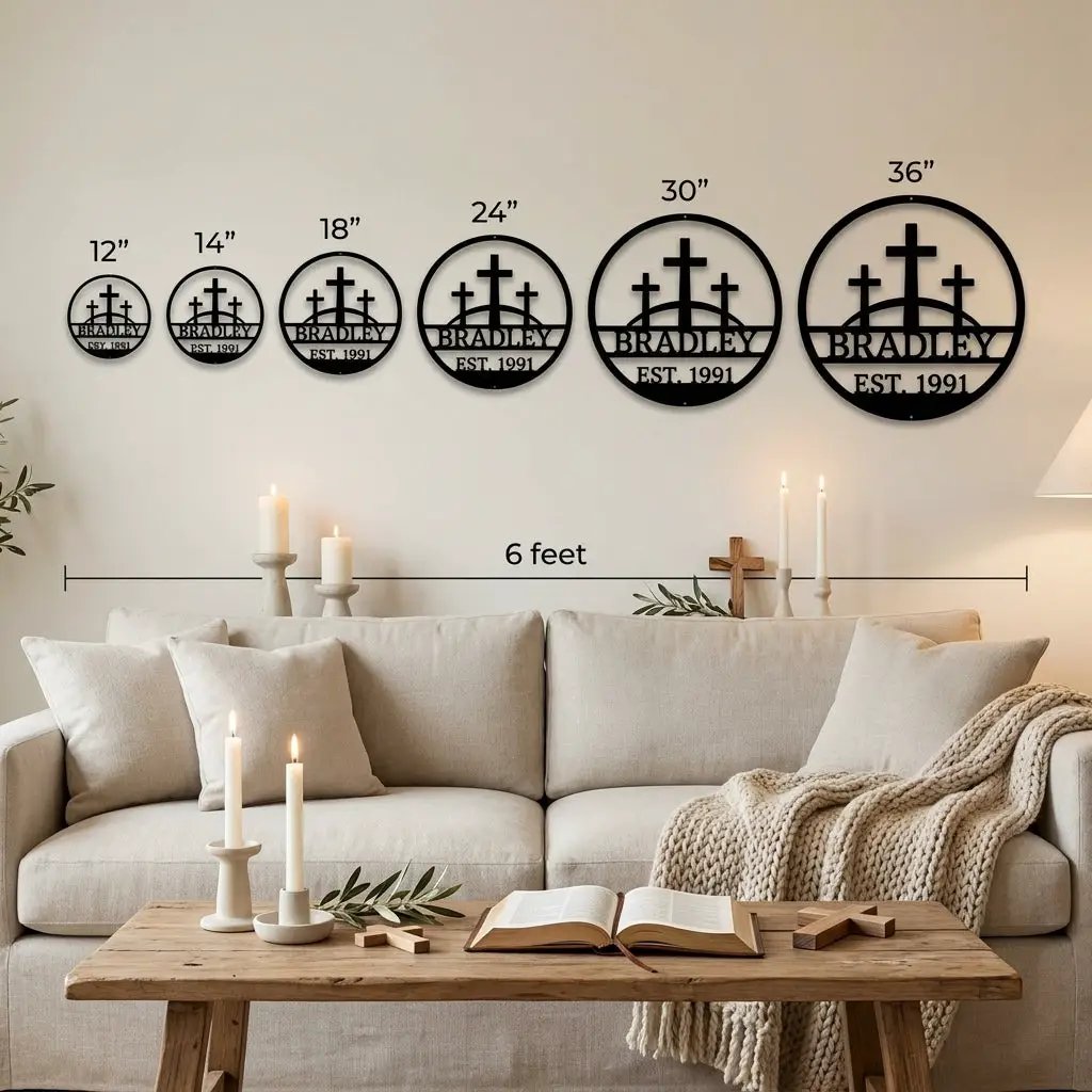 Personalized Three Crosses Metal Wall Art | Christian Family Name Sign | Faith Based Farmhouse Decor