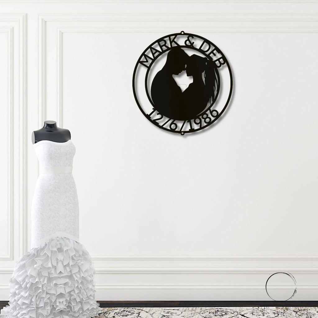 Couple Silhouette Sweetheart Custom Monogram Name Metal Wall Art