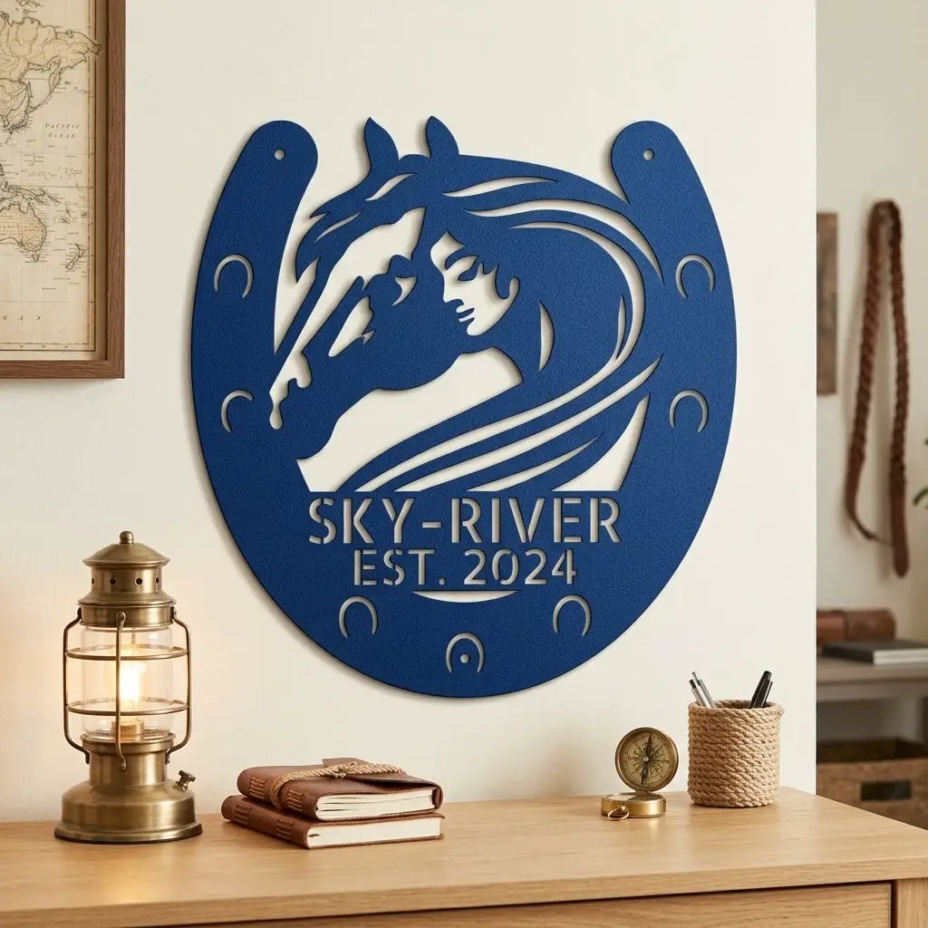 Personalized Horse & Horseshoe Metal Wall Art | Custom Ranch Name Sign | Equestrian Wall Decor | Western Farmhouse Metal Sign | Made in USA