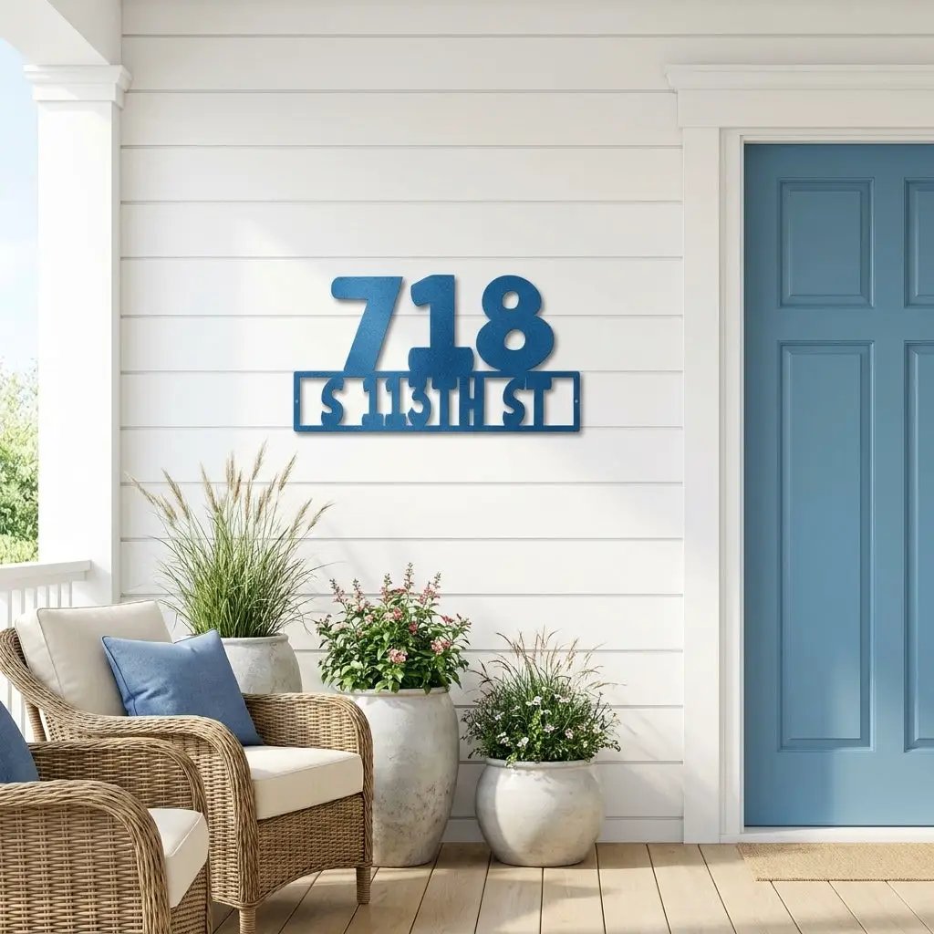 Personalized Metal Address Sign – Custom House Number Steel Wall Art – Modern Farmhouse Address Plaque – Outdoor Powder Coated Home Decor