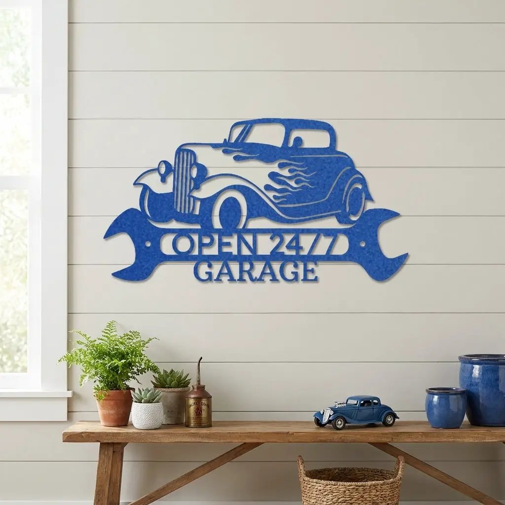 Personalized Hot Rod Metal Sign – Custom Garage Sign – Classic Car Wall Art – Gift for Dad