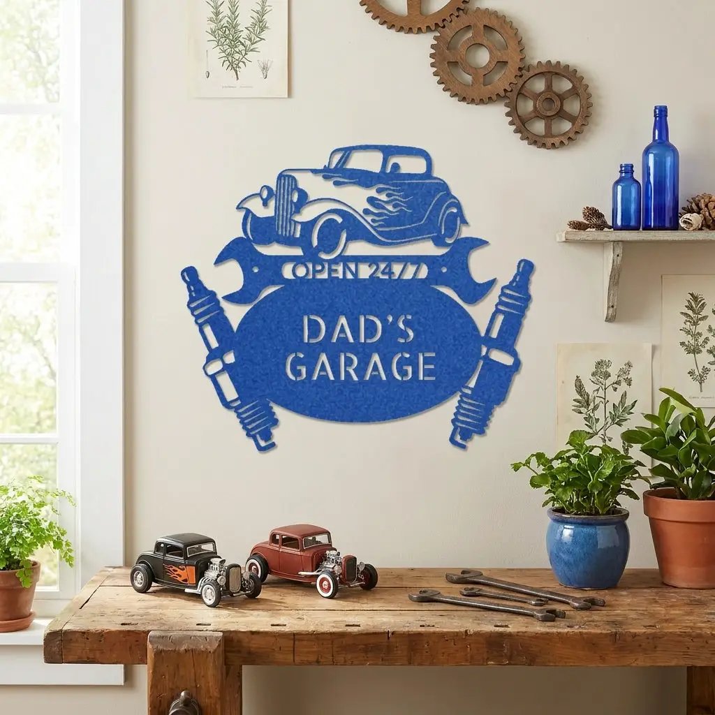 Personalized Hot Rod Metal Sign – Custom Car Garage Sign – Classic Car Wall Art – Mechanic Decor – Custom Name Garage Sign