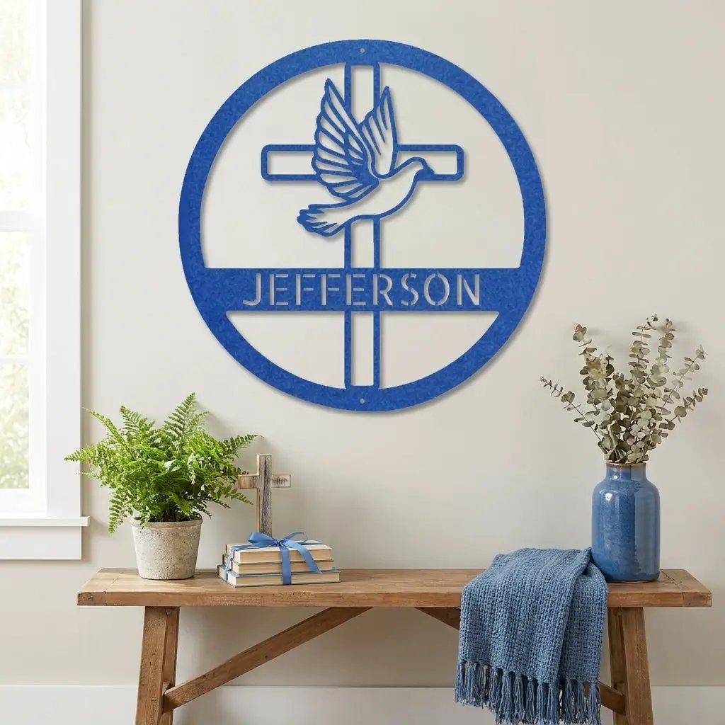 Personalized Cross & Dove Metal Wall Art – Custom Family Name Christian Steel Sign – Faith Based Farmhouse Wall Decor