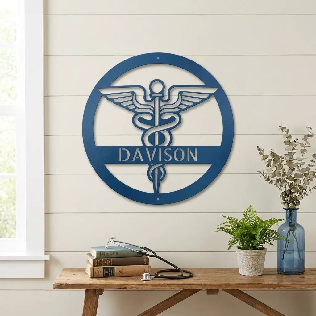 Personalized Medical Symbol Metal Wall Art – Custom Caduceus Steel Sign – Doctor Nurse Healthcare Professional Gift Decor