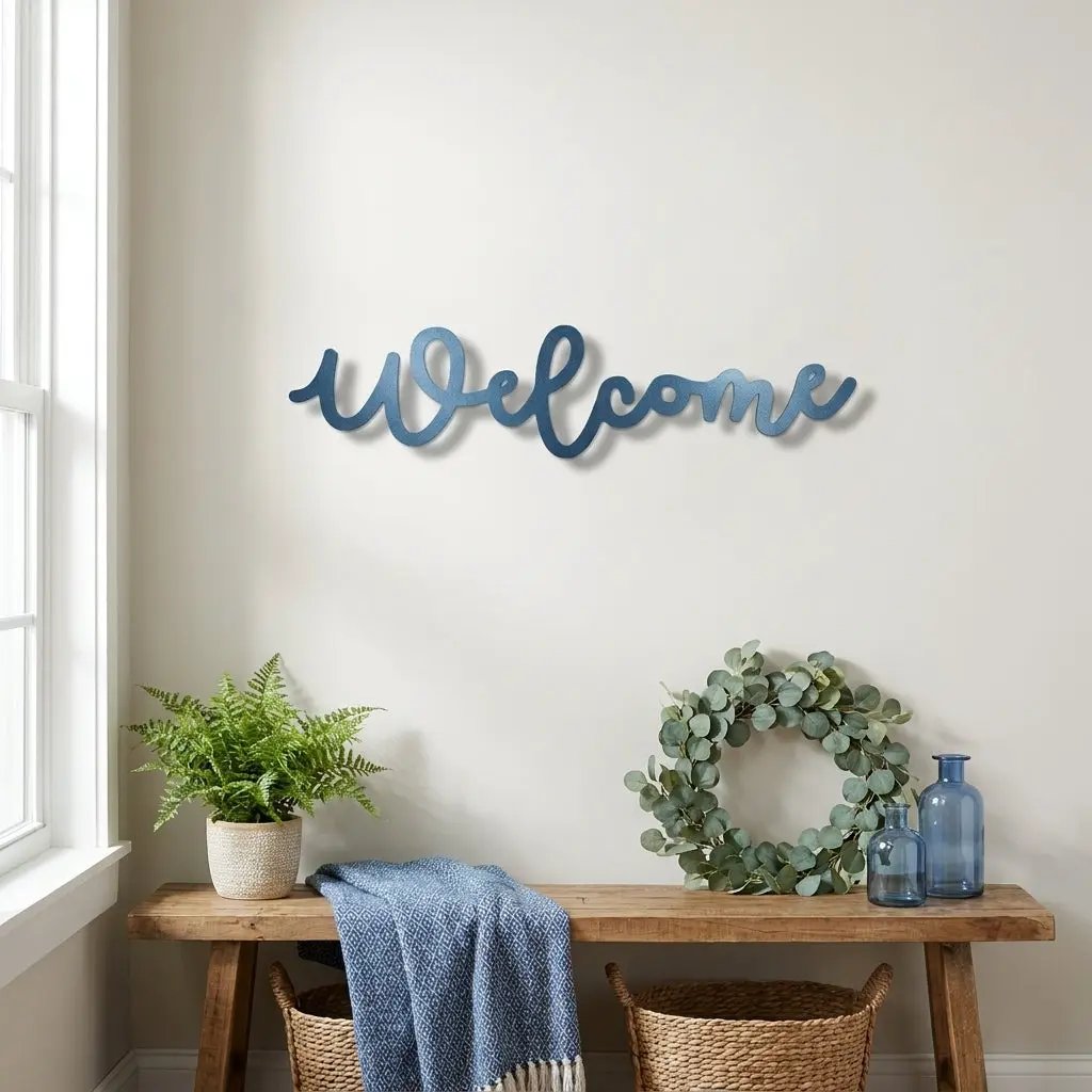 Welcome Script Metal Wall Art – Modern Farmhouse Welcome Sign – Minimalist Entryway Steel Decor for Porch, Foyer & Living Room