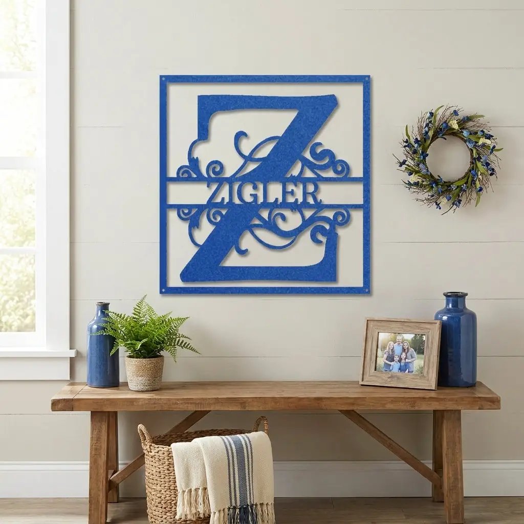 Personalized Monogram Metal Wall Art – Custom Family Name Sign – Square Metal Wall Decor – Farmhouse Last Name Steel Sign