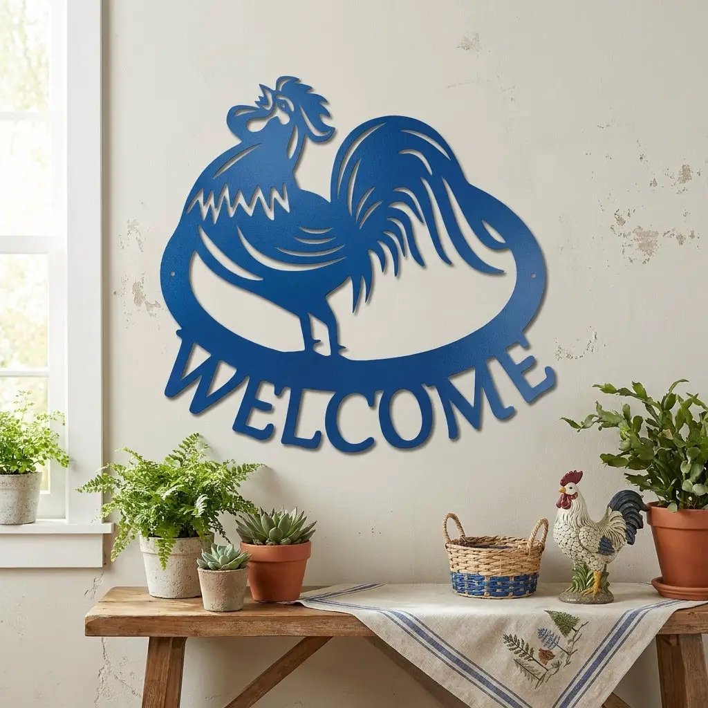 Welcome Rooster Metal Wall Art – Farmhouse Chicken Decor – Rustic Kitchen Wall Sign – Country Home Decor – Farmhouse Porch Sign