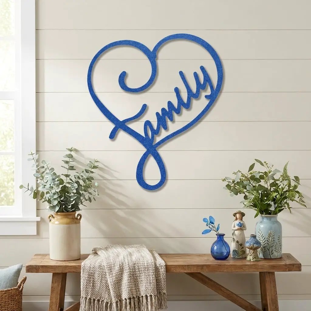 Family Name Heart Metal Wall Art Sign – Custom Steel Family Love Monogram – Laser Cut Amish Crafted Metal Home Decor