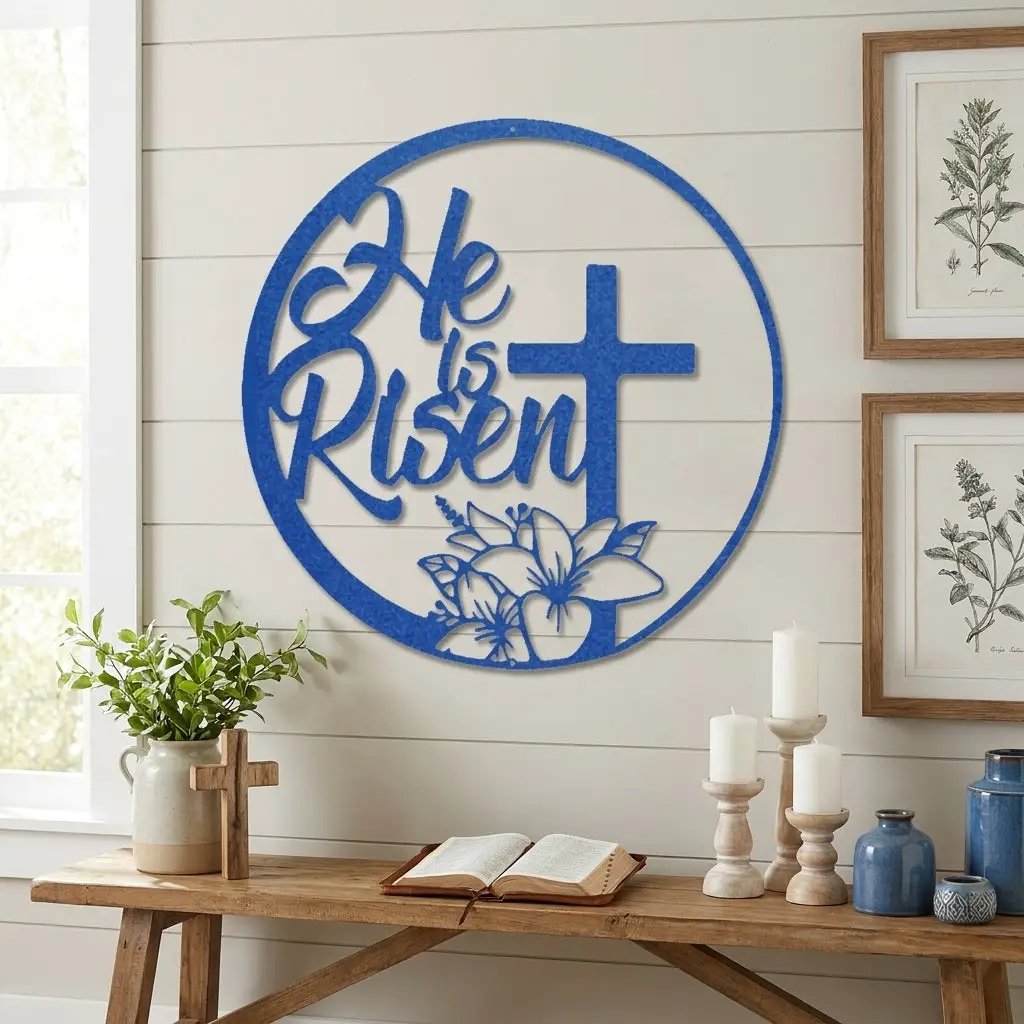 Easter Cross Metal Wall Sign – Christian Home Decor – He Is Risen