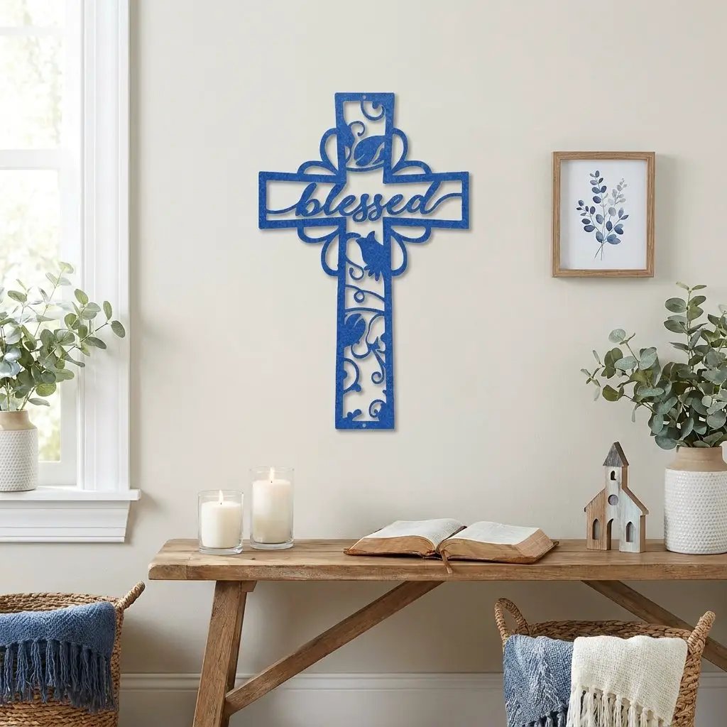 Blessed Cross Metal Wall Art | Christian Floral Cross Decor | Inspirational Faith Wall Hanging