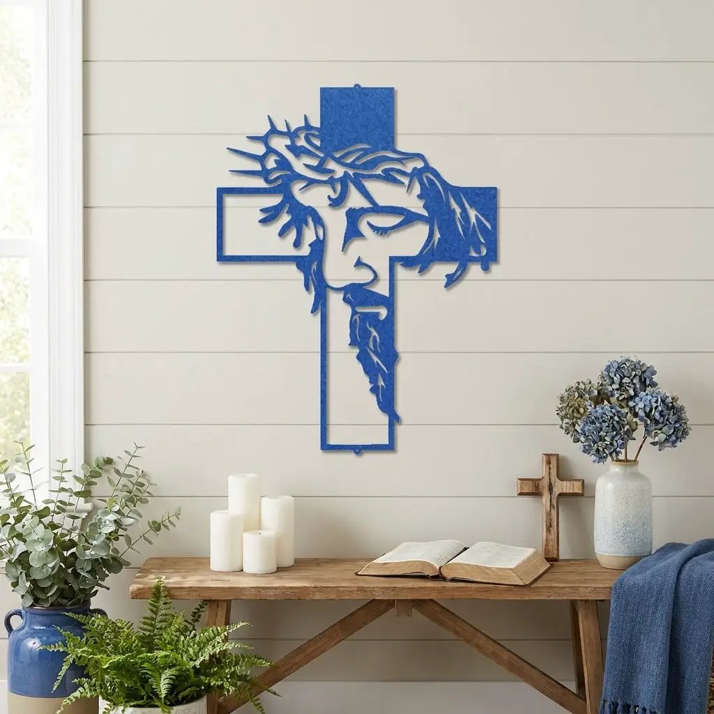 Jesus Crown of Thorns Steel Cross Sign Christian Metal Wall Decor Made in USA