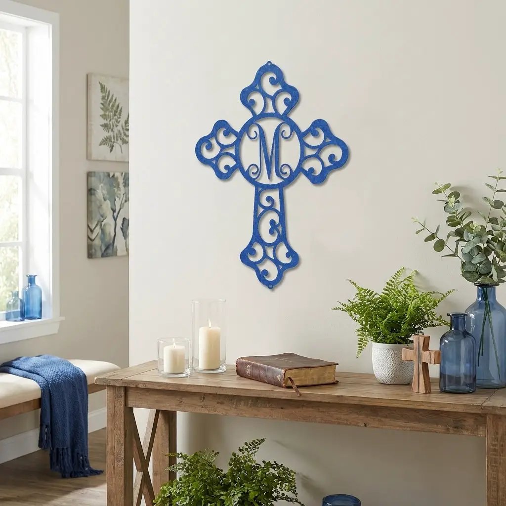 Personalized Initial Cross Metal Wall Art | Custom Monogram Christian Cross Decor | Ornate Faith Wall Hanging