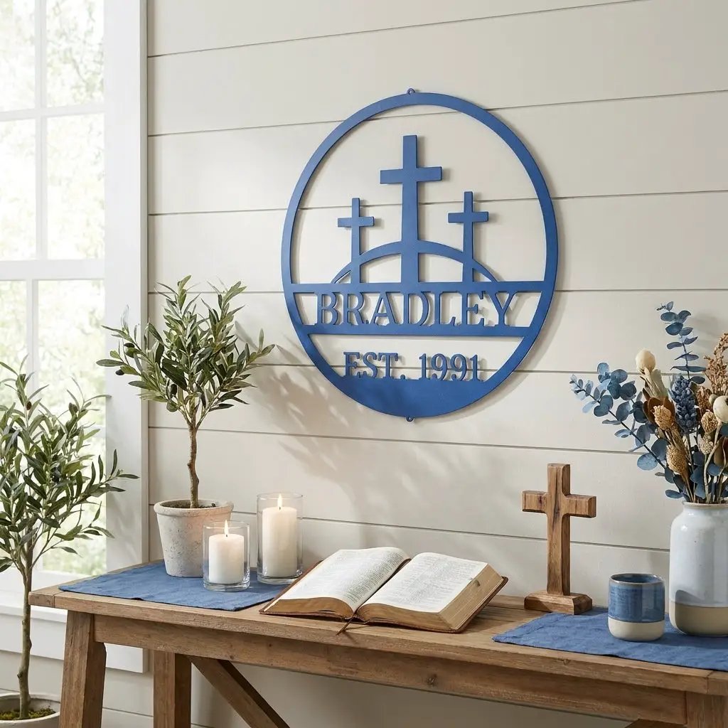 Personalized Three Crosses Metal Wall Art | Christian Family Name Sign | Faith Based Farmhouse Decor