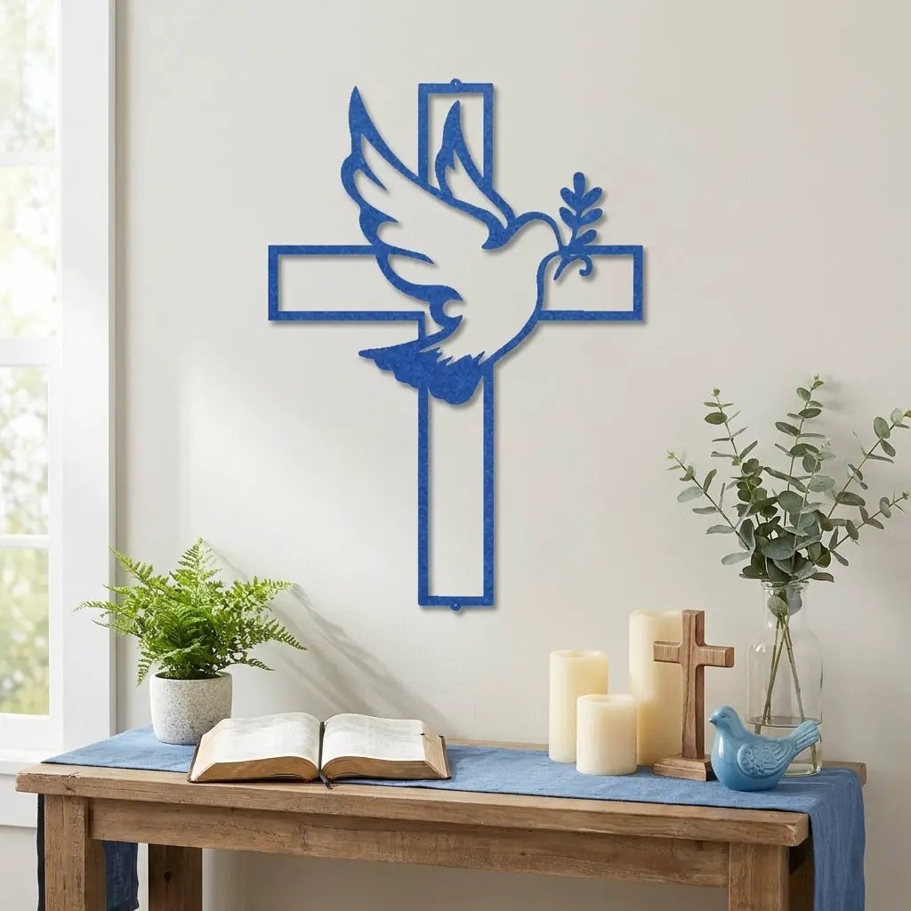 Dove Cross Metal Wall Art | Christian Holy Spirit Decor | Inspirational Religious Wall Hanging