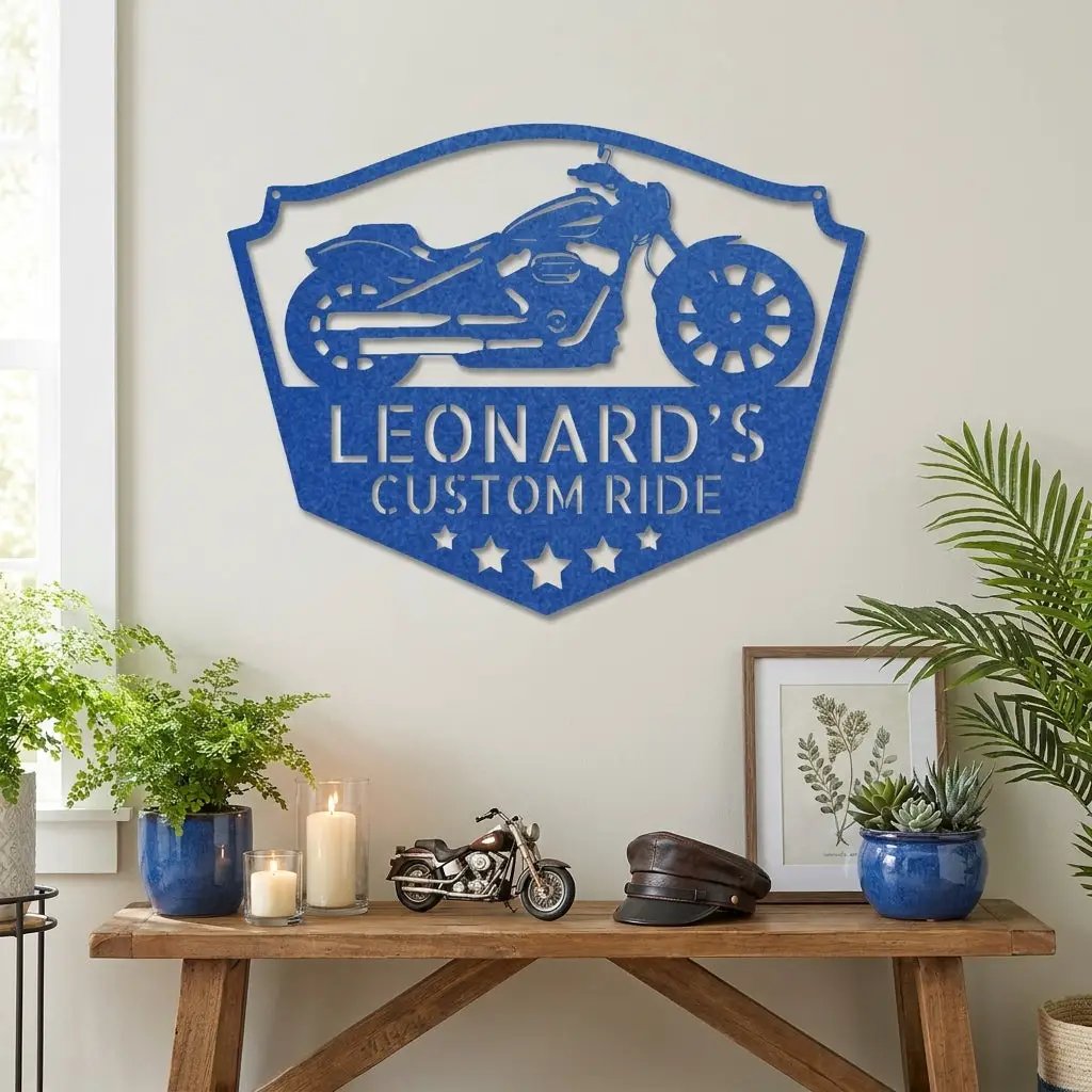 Chopper Motorcycle Shop Custom Name Monogram Indoor Outdoor Steel Wall Sign