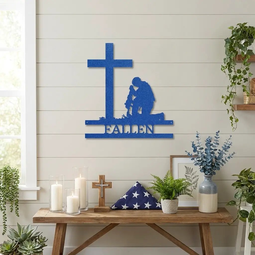Personalized Fallen Soldier Memorial Metal Wall Art | Military Remembrance Cross Decor | Veteran Tribute Sign