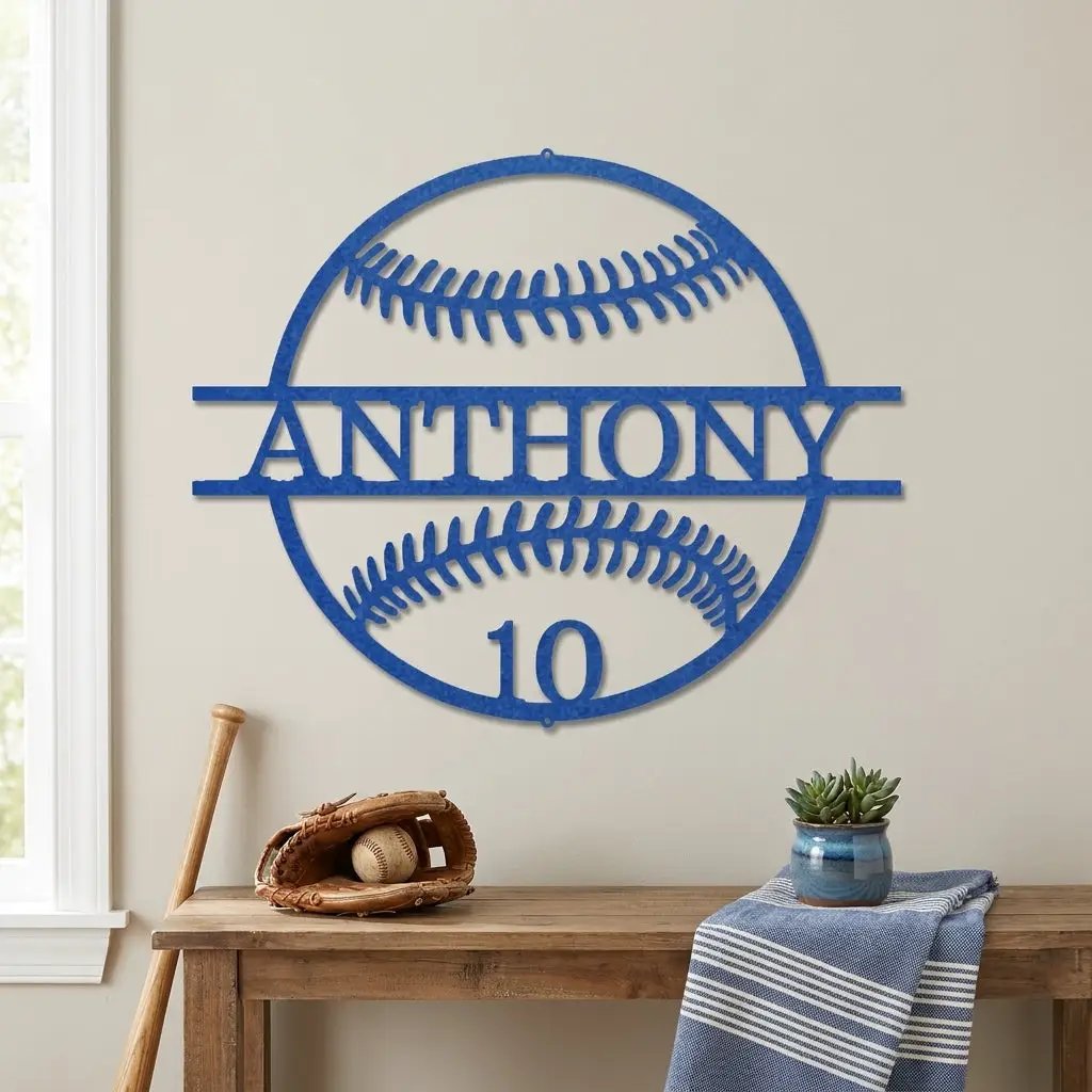 Personalized Baseball Metal Wall Art | Custom Name and Number Baseball Sign | Player Room Decor