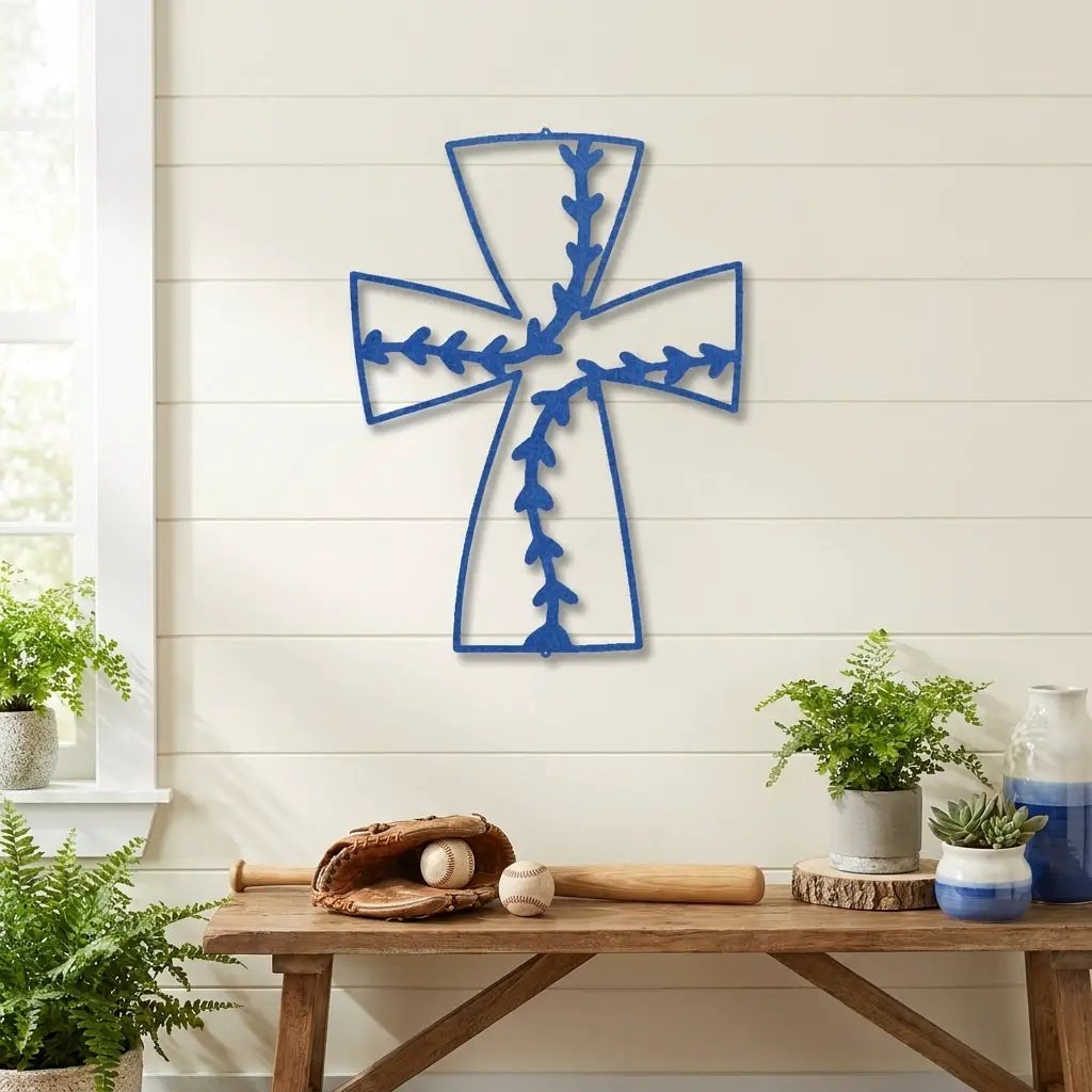 Faith Baseball Cross Metal Wall Art | Christian Baseball Decor | Baseball Stitch Cross Sign for Players & Fans