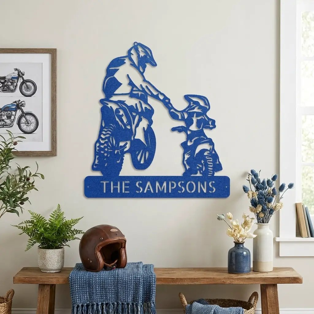 Father and Son Motocross Personalized Name Indoor Outdoor Steel Wall Sign Metal Art