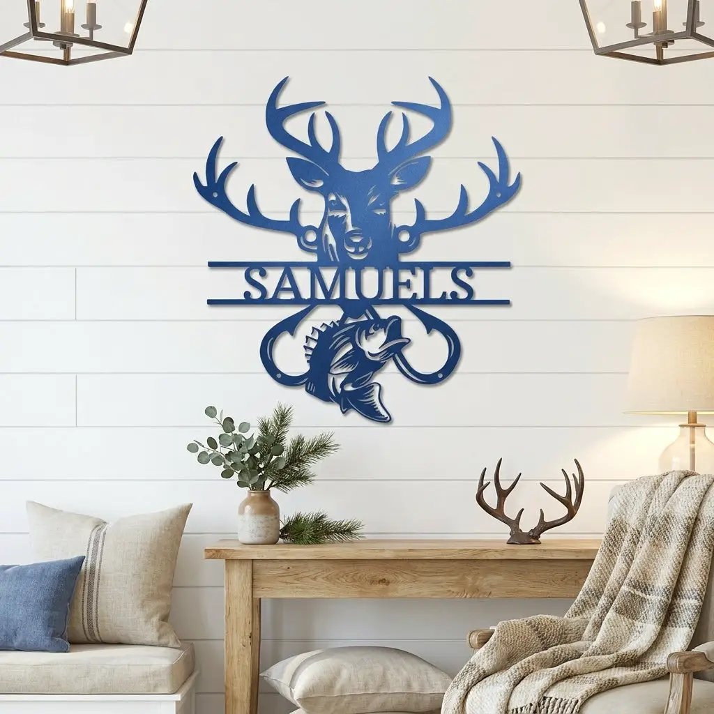 Outdoorsman Custom Metal Wall Art Deer Hunting and Bass Fishing Sign Custom Name Rustic Cabin Decor Hunter Fisherman Gift