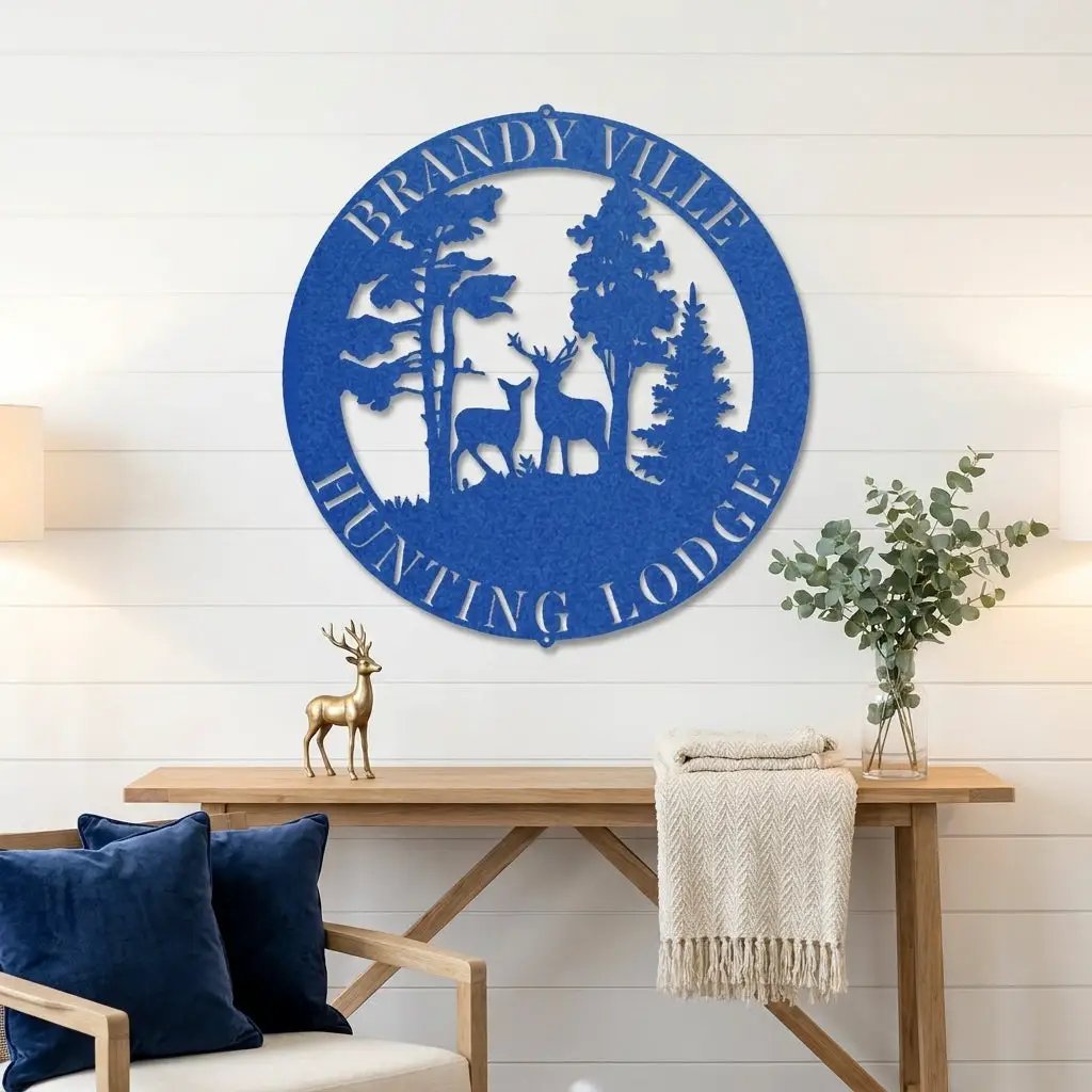 Personalized Deer Couple Metal Wall Art Custom Family Name Sign Hunting Lodge Decor Buck Doe Forest Scene Rustic Outdoor Wall Hanging