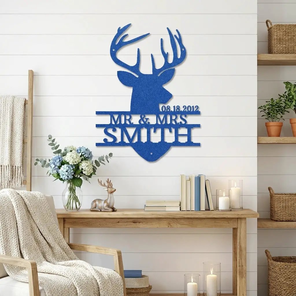 Personalized Deer Head Metal Sign, Mr & Mrs Name Sign, Wedding Gift, Anniversary Gift 25th 50th, Custom Last Name Wall Decor, Rustic Lodge Decor
