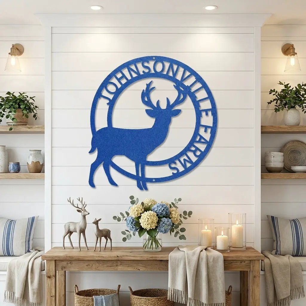 Personalized Deer Family Name Metal Sign – Custom Last Name Circle Wall Art – Rustic Farmhouse Home Decor Gift