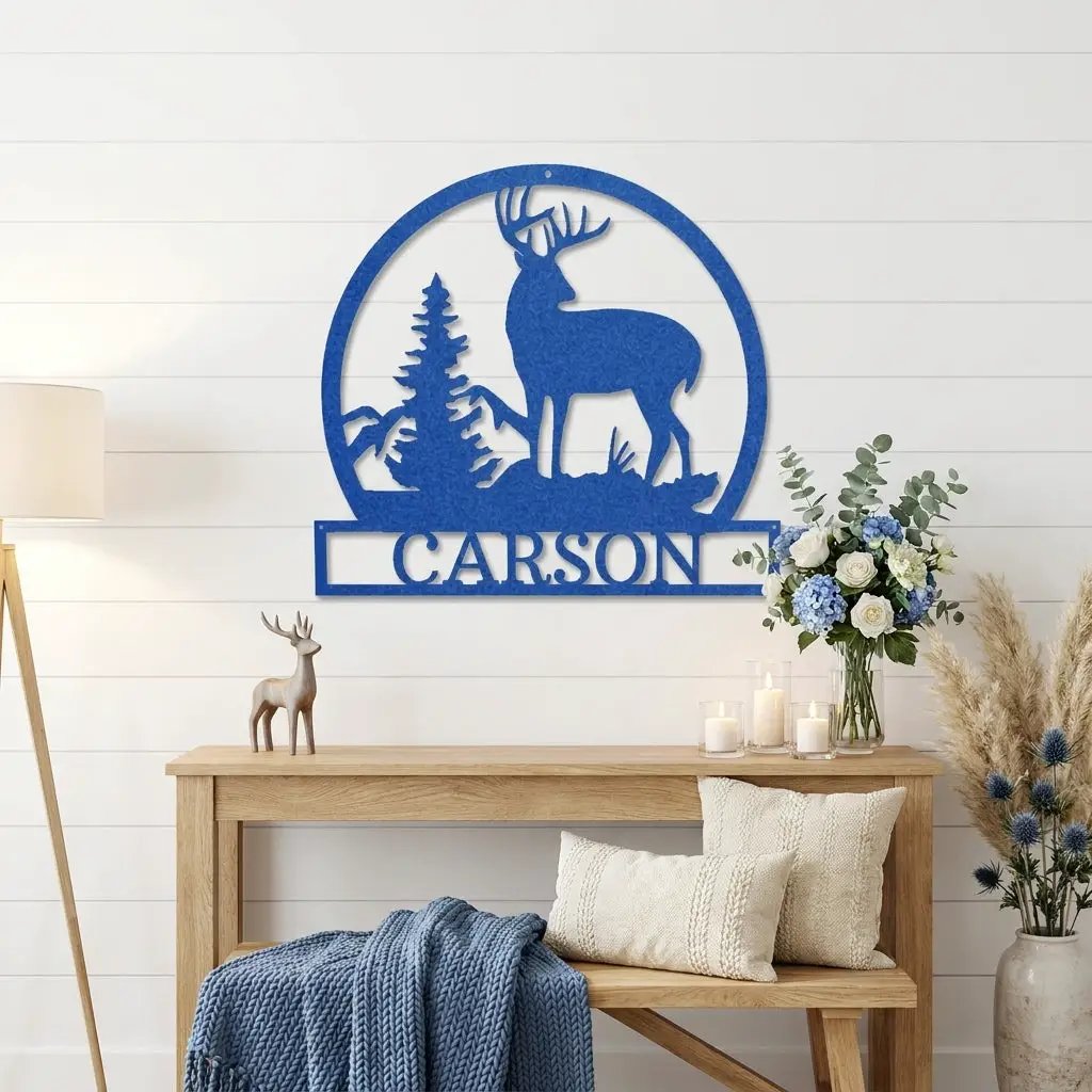 Personalized Deer Scene Metal Sign – Custom Last Name Wall Art – Rustic Cabin Forest Decor Gift