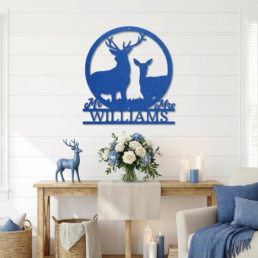 Personalized Mr & Mrs Deer Couple Metal Sign – Custom Last Name Stag & Doe Wall Art – Romantic Wedding or Anniversary Gift